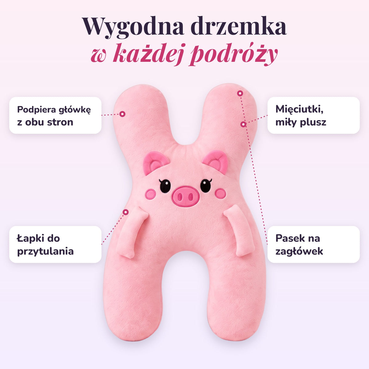 Zalety: podpiera główkę z obu stron, mięciutki plusz, łapki do przytulania, pasek na zagłówek
